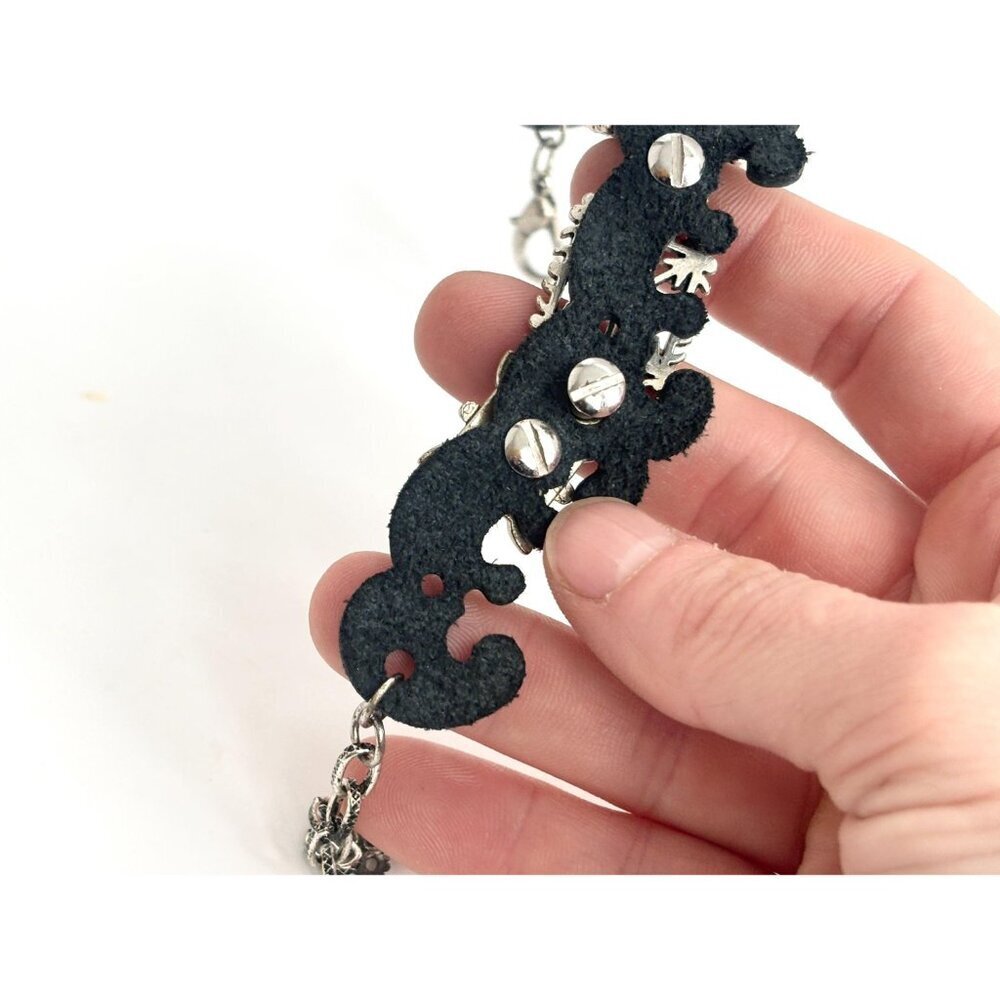 Faux Black Leather Boho Gemstone Silver T Adjustable Vintage Bracelet - 7" - 9" - Picture 11 of 14